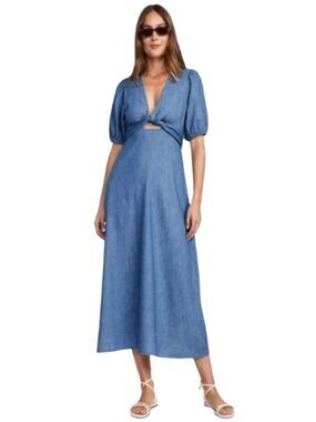 old navy long denim dress Old Navy Women's Fit & Flare Sleeveless Denim Midi Dress - Blue